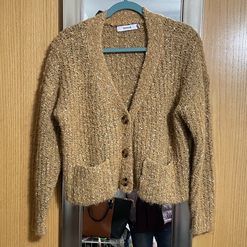 JustFab Textured Brown Cardigan Sweater waist length size Large